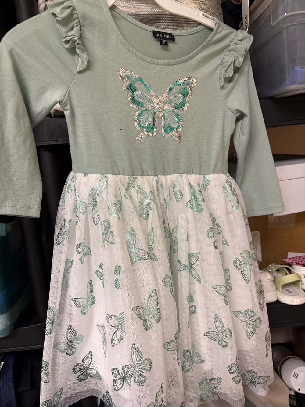 Zunie Sage Green Long Sleeve Butterfly Tulle Dress
